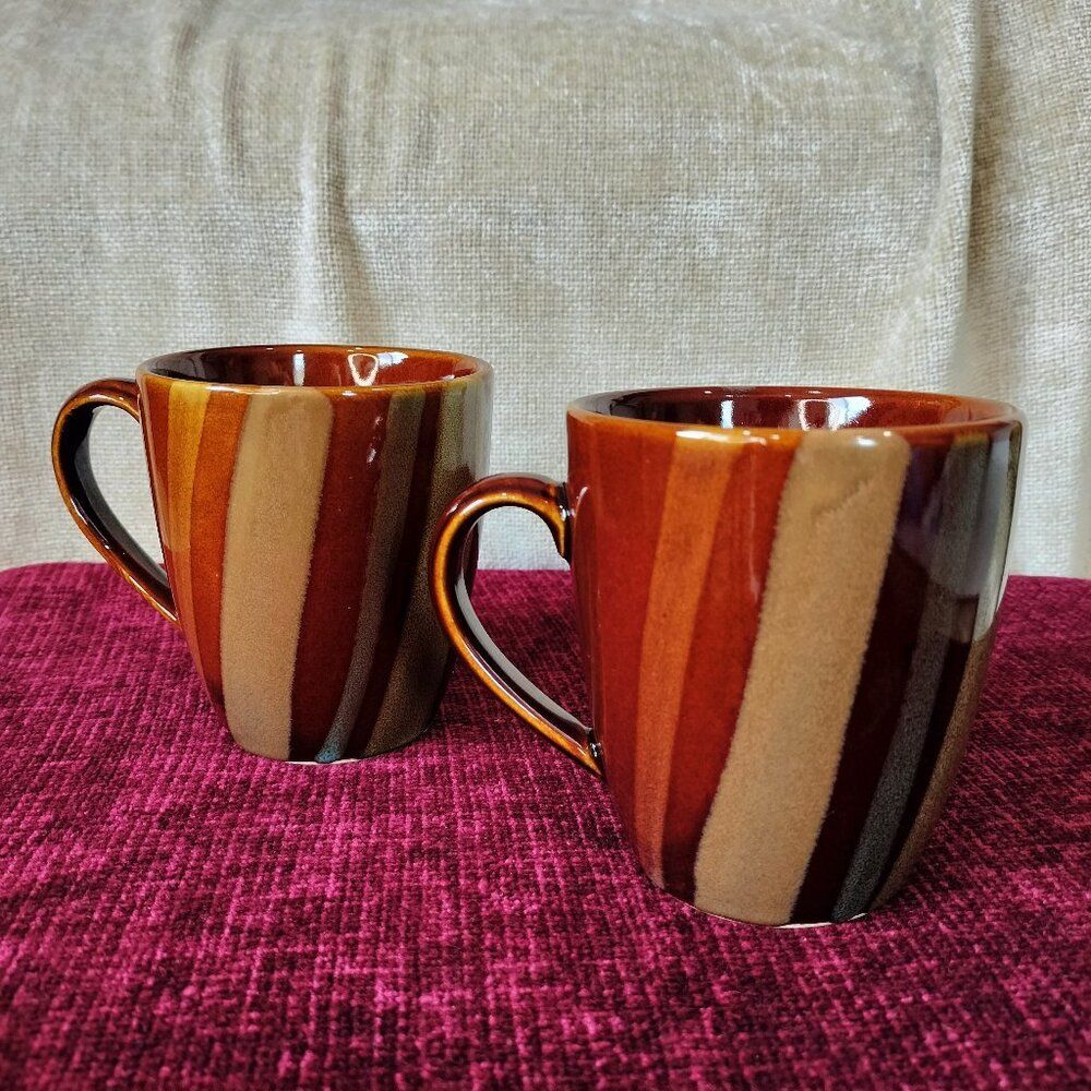 Sango Avanti Brown and Blue Stripes 4722 coffee tea mugs SET OF 2 Retired